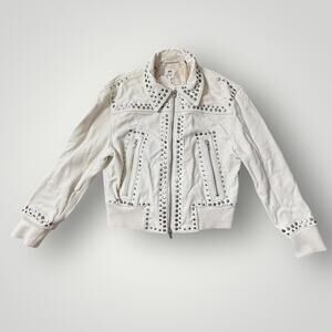 H&M STUDIO sz XL White Real Genuine Leather Studded Zip Biker Jacket 80s 90s